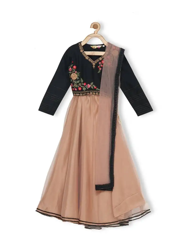 Beige embroidered faux net stitched lehenga