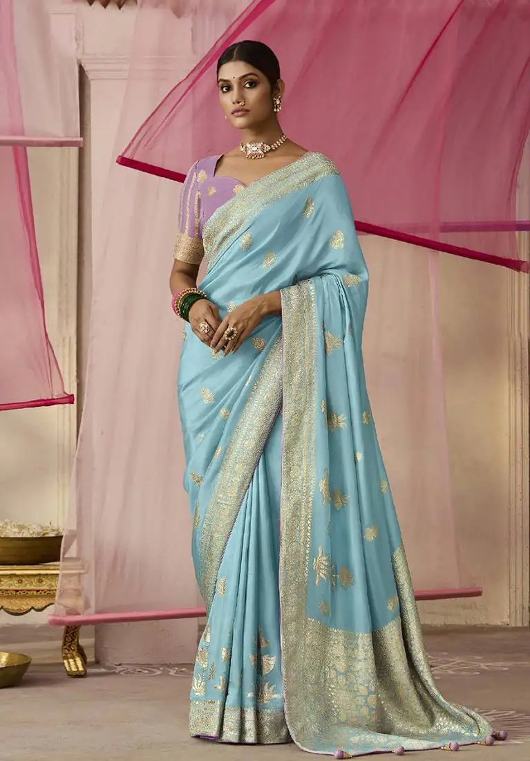 Aqua blue weaving viscose floral printed classic saree