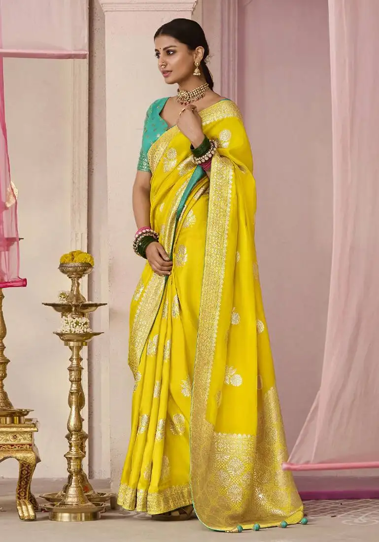 Yellow weaving floral printed viscose classic saree