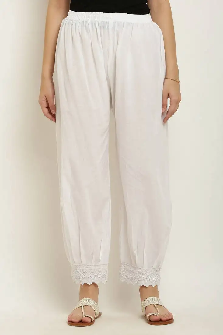 Pavonine white color afghani style lace hem cotton fabric palazzo for women