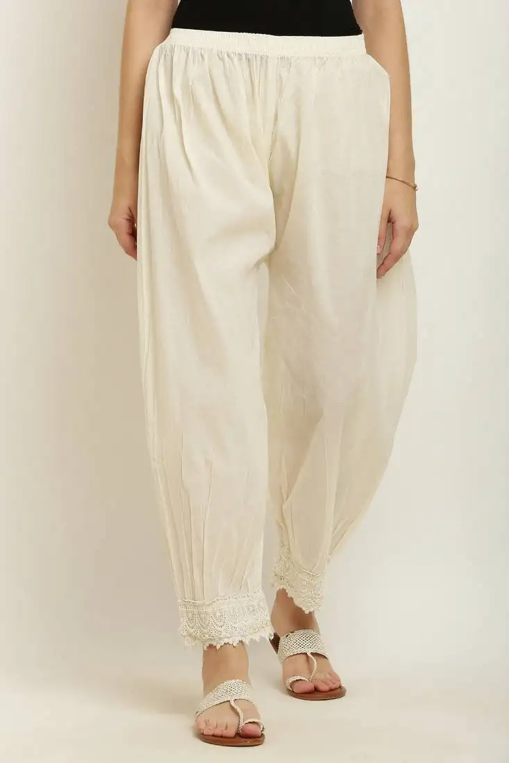 Pavonine off-white color afghani style lace hem cotton fabric palazzo for women