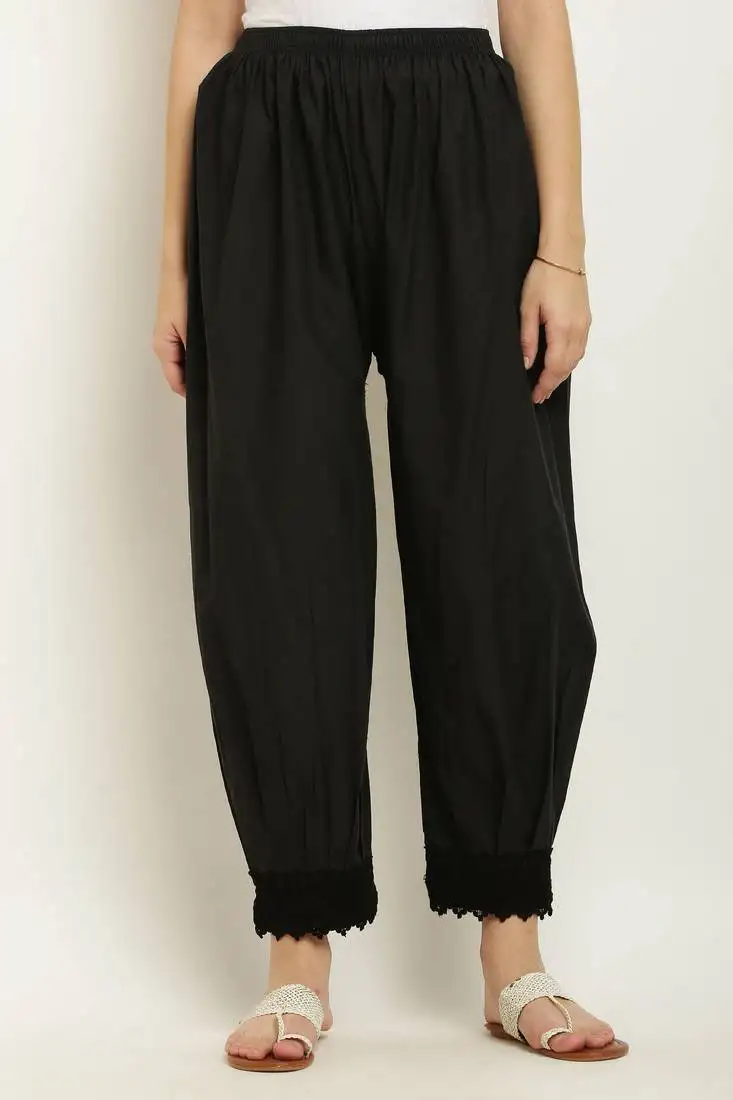 Pavonine black color afghani style lace hem cotton fabric palazzo for women