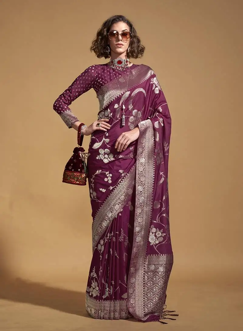 Wine silk blend weaving designer saree