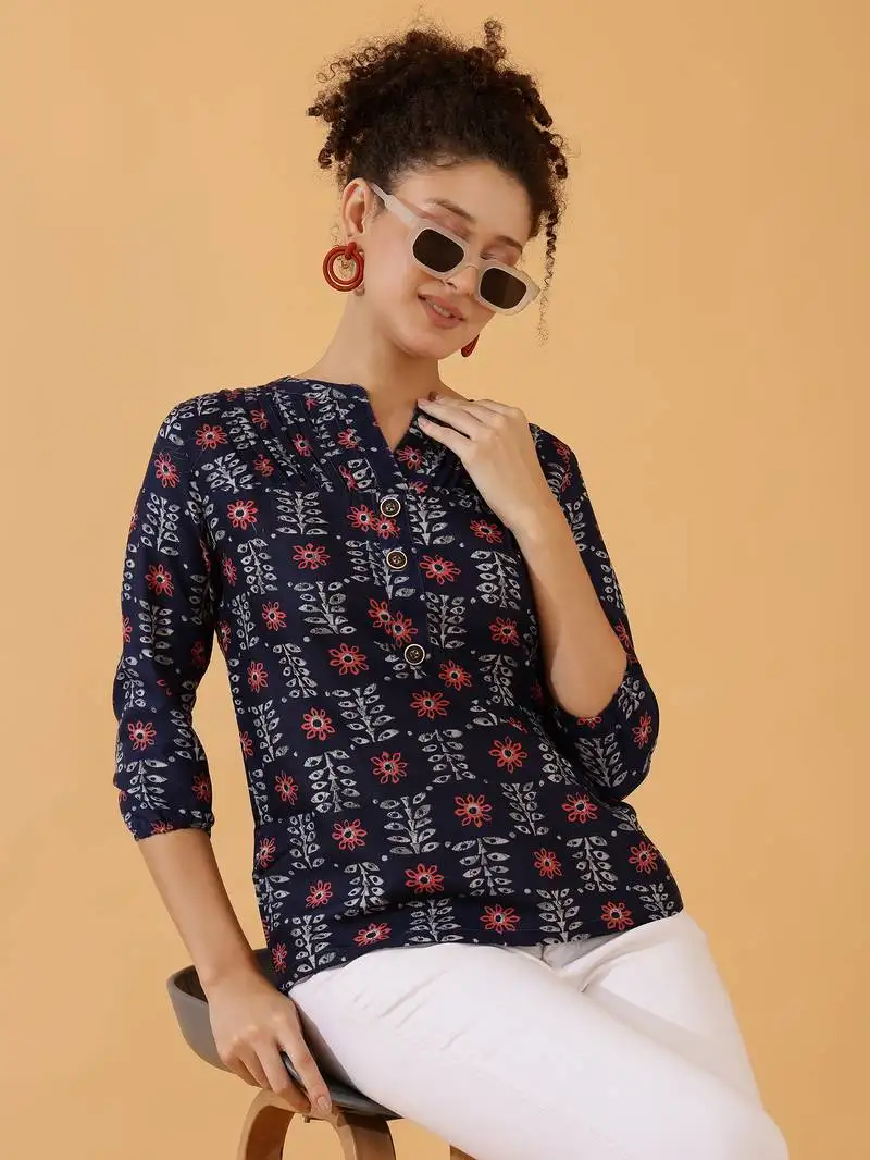 Dark blue rayon short kurti for women