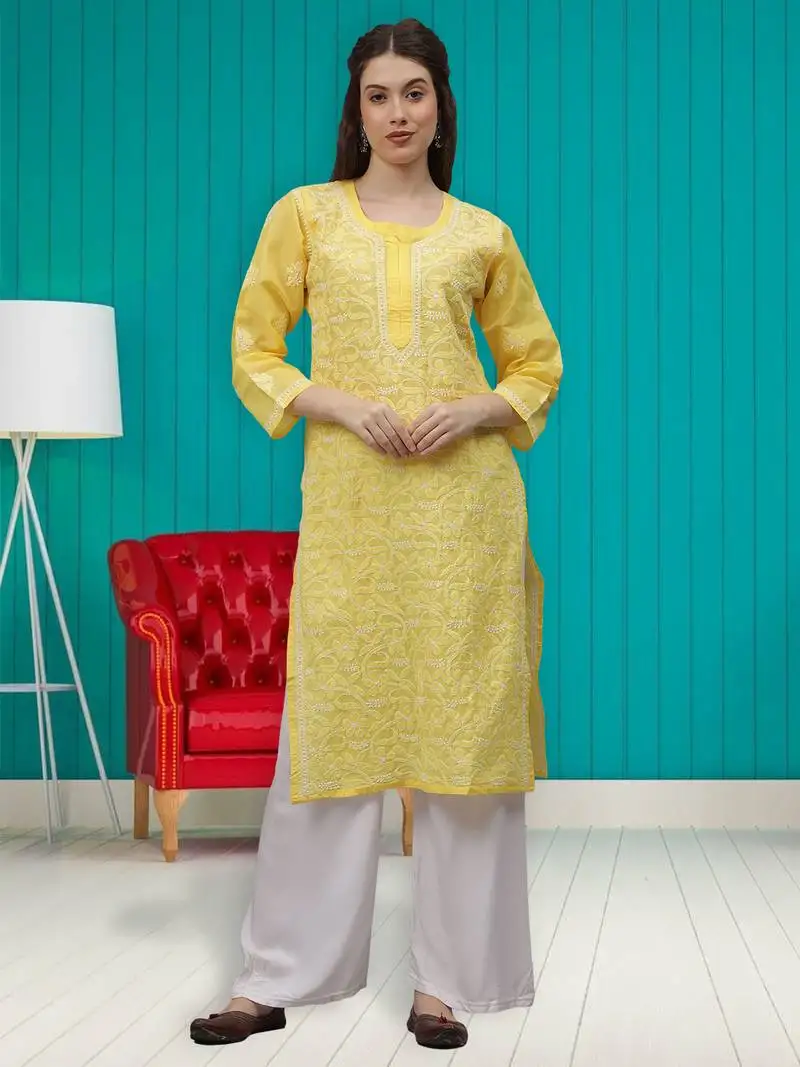 Yellow terivoil cotton lucknowi chikankari kurta