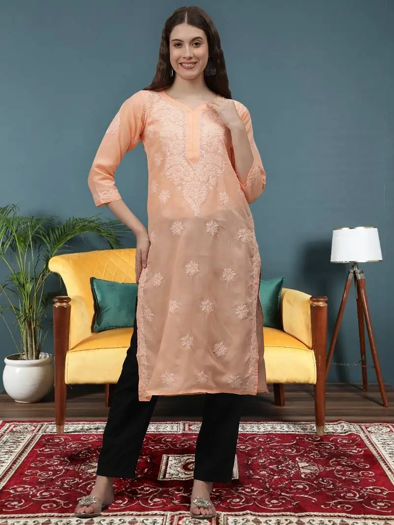 Apricot peach cotton lucknowi chikankari kurta