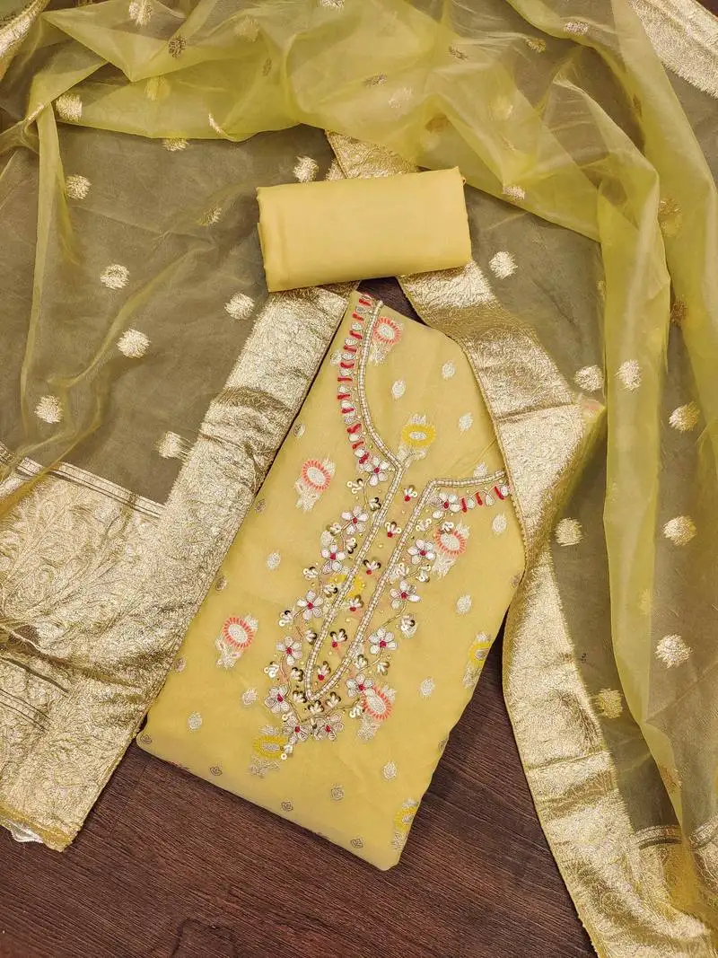 Yellow viscose organza banarasi unstitched dress material