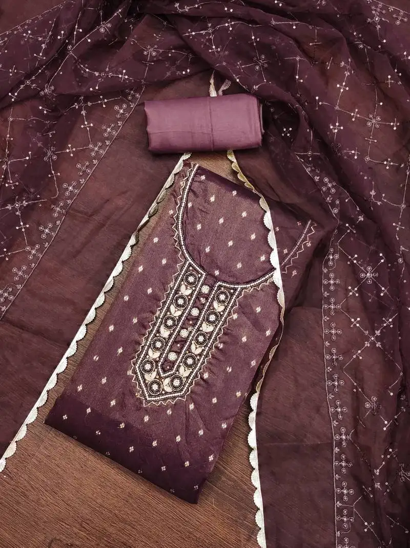 Wine viscose organza banarasi unstitched dress material