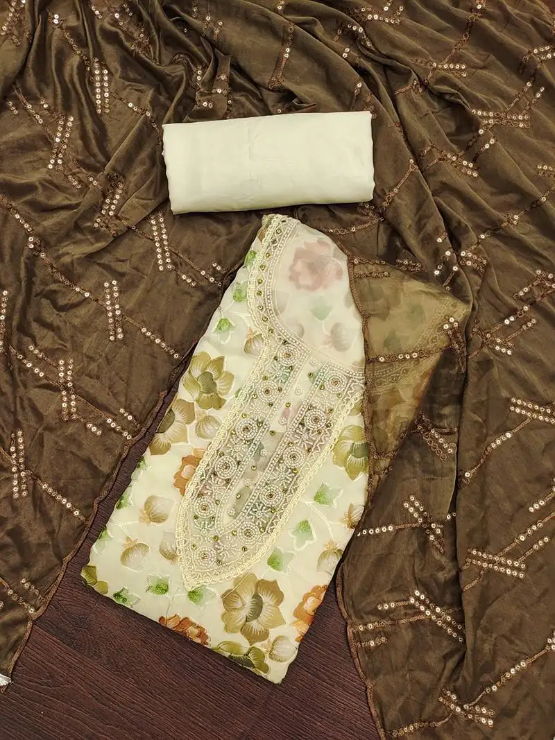 Yellow viscose organza position work unstitched dress material