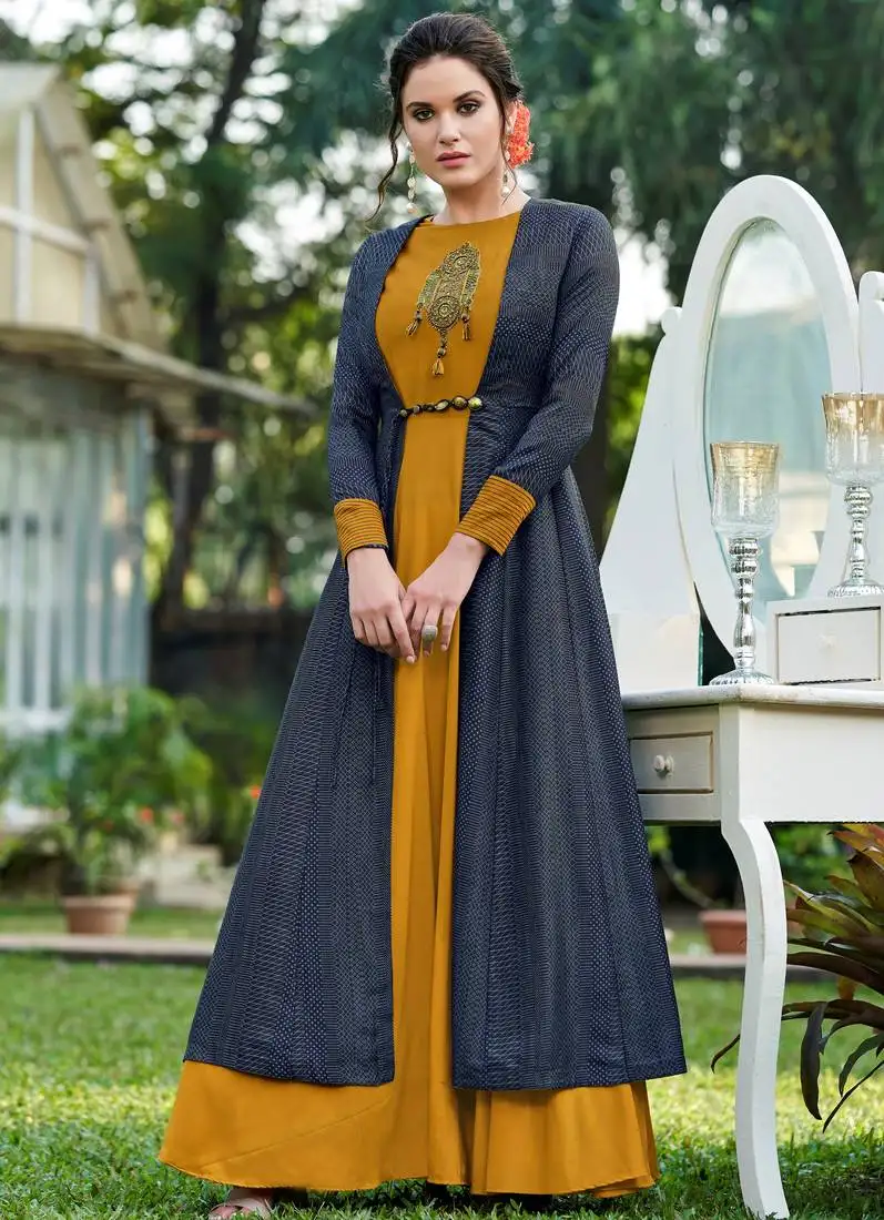 Mustard embroidered silk party-wear-kurtis