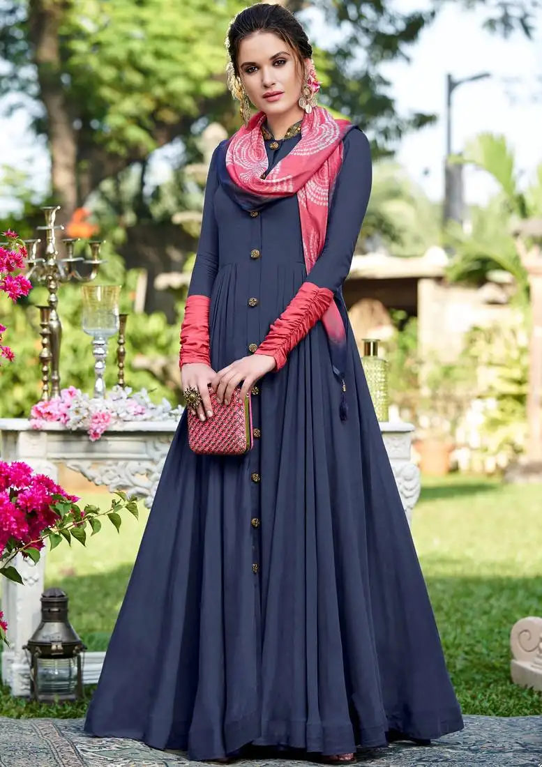 Blue plain georgette party-wear-kurtis