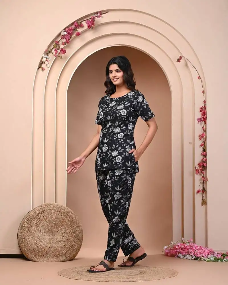 Women's cotton black floral print night suit