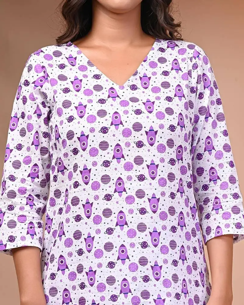 White lavender floral print cotton kurta set