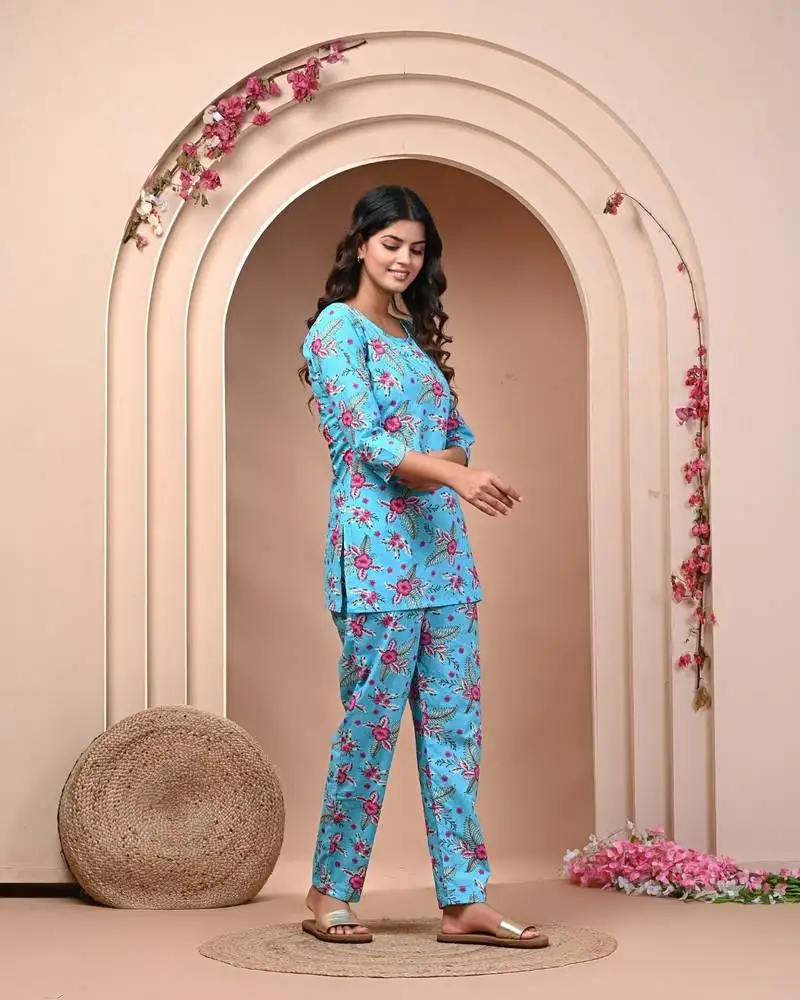 Sky blue floral printed night suit for summer wear(set of 2)