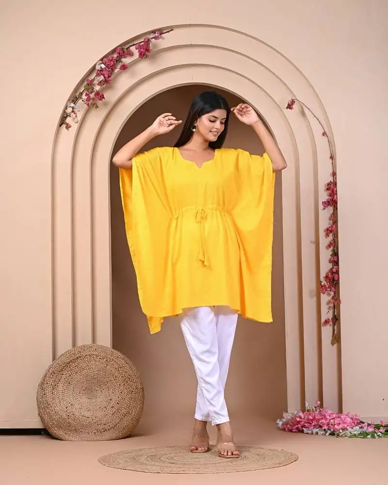 Vibrant yellow kaftan with drawstring waist and white pants set