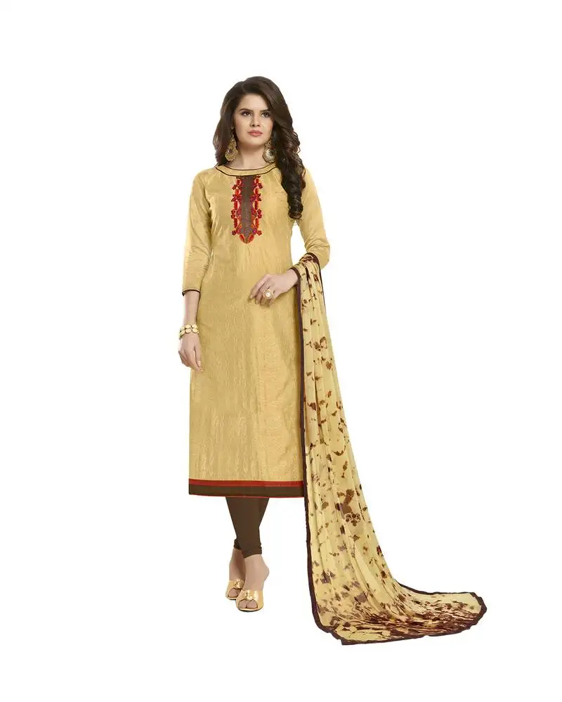 Beige embroidered cotton salwar semi stitched