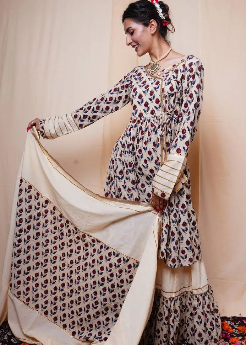 Beige printed cotton kurti sharara dupatta