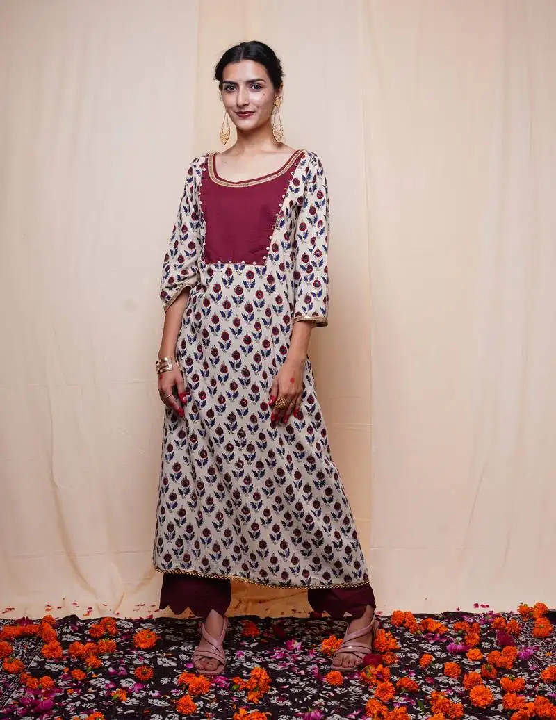 Beige printed cotton kurti pallazo
