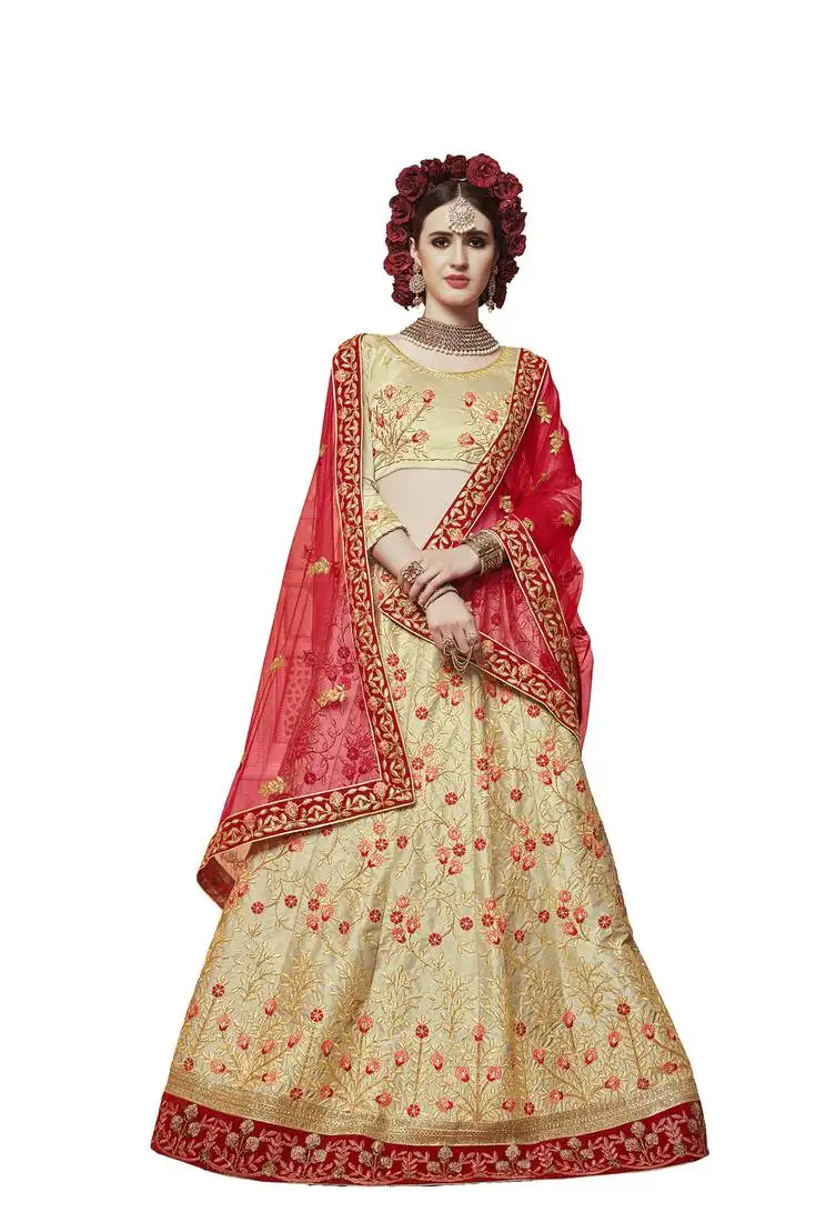Beige embroidered satin semi stitched lehenga