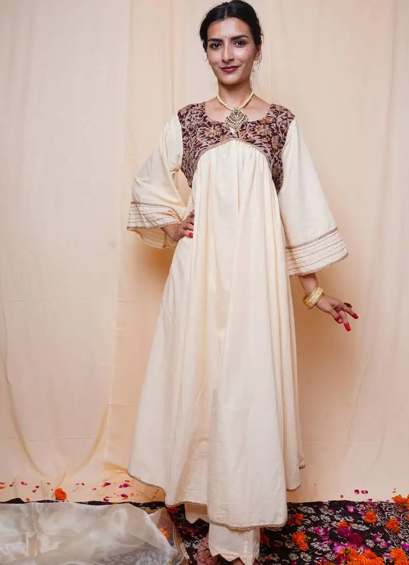 Beige printed cotton kurti pant dupatta