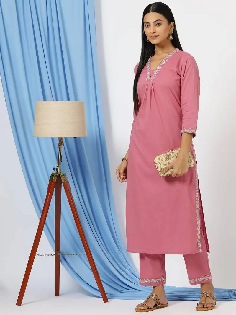 Anushil stylish katha cotton co-ord set for women - shirt style kurti with pants, 2peice kurta with trouser casual wear stitched
