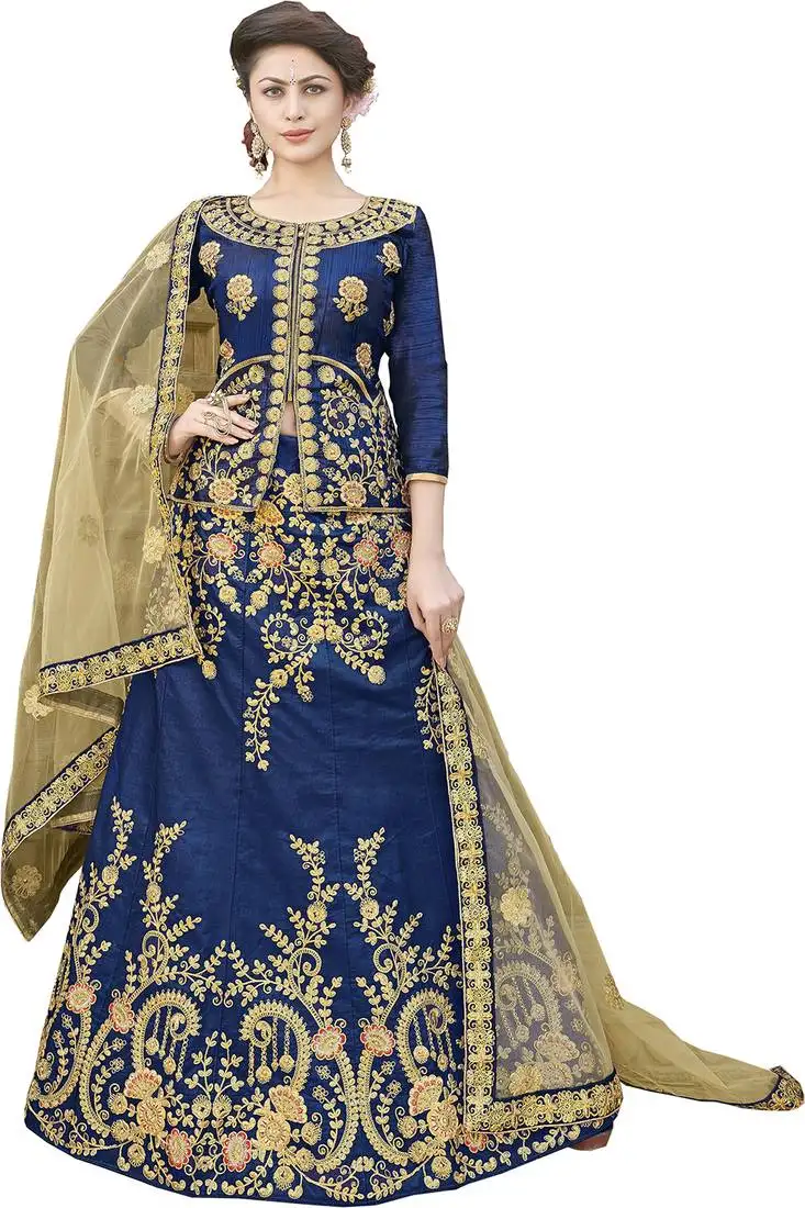 Blue embroidered art silk semi stitched lehenga