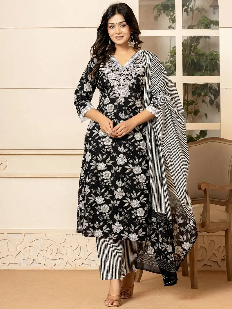 black embroidered kurta dupatta set