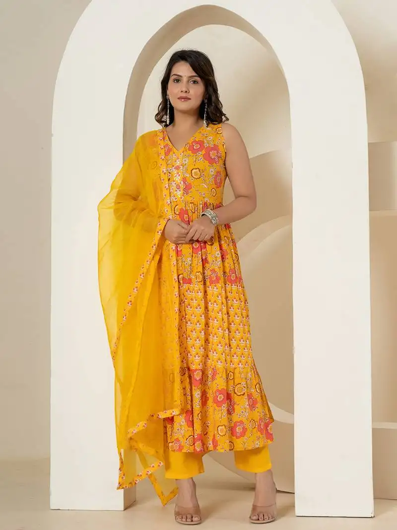 yellow pure cotton fit and flare tiered kurta trouser & dupatta set