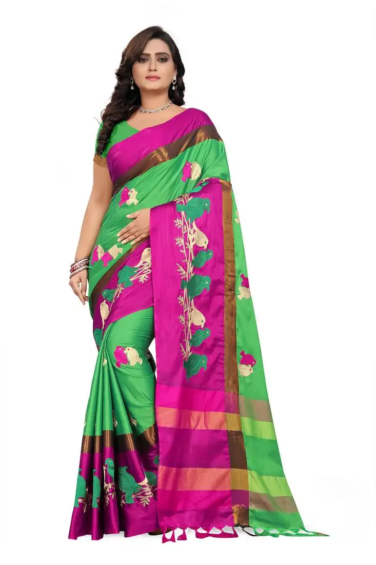 Green embroidered cotton silk saree with blouse