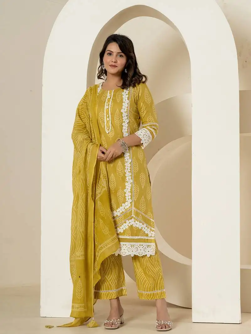 yellow patch work pure cotton straight kurta and dupatta set