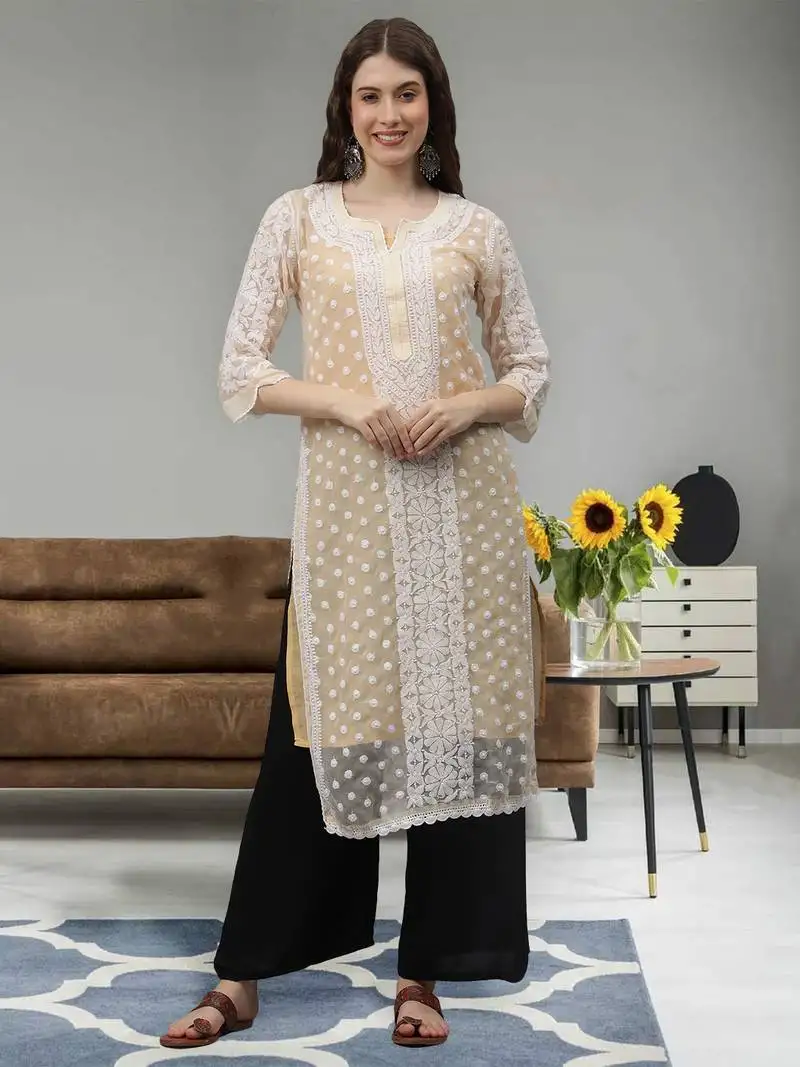Beige georgette lucknowi chikankari kurta with slip