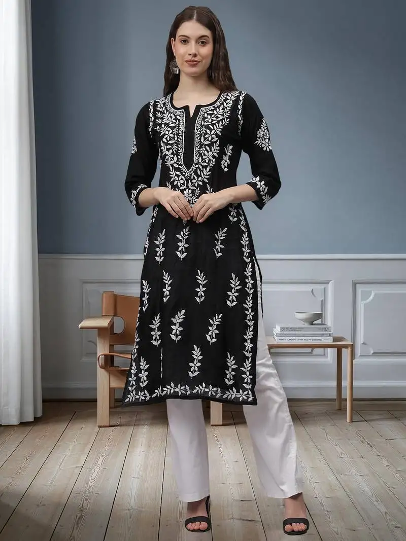 Black chanderi lucknowi chikankari kurta