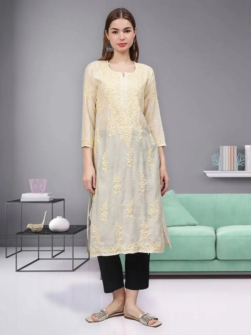 Beige chanderi lucknowi chikankari kurta