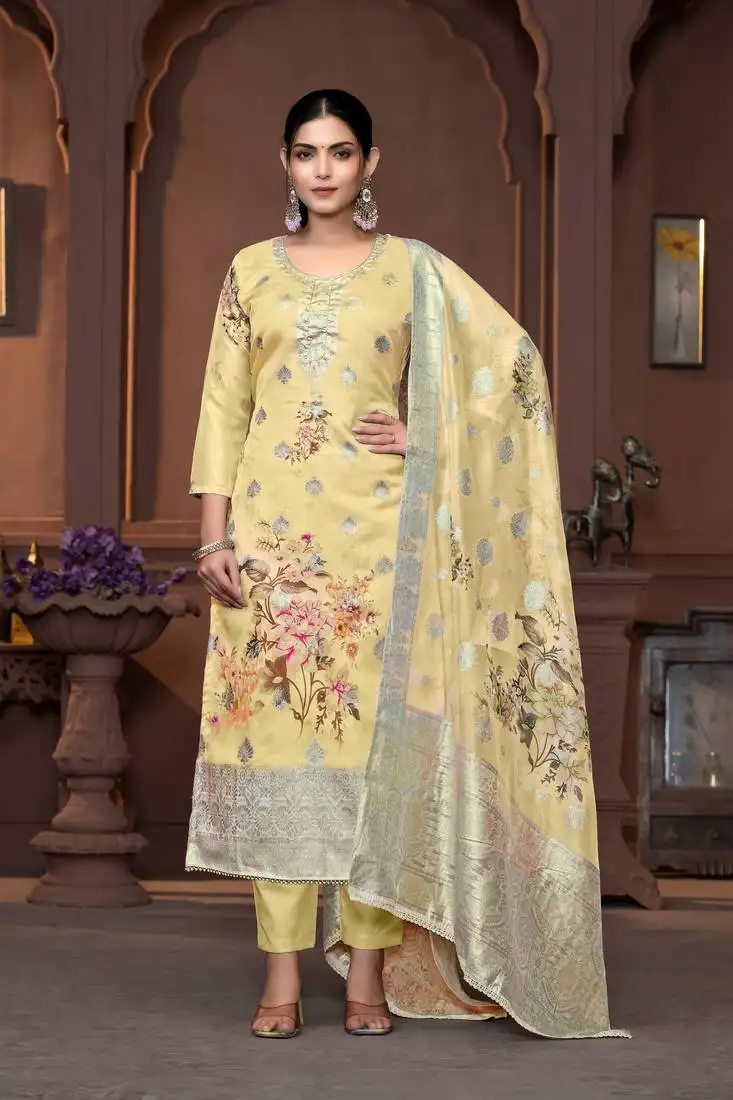 Yellow viscose organza woven designer with printed and hand work graceful ethnic wedding wear salwar kameez unstitched