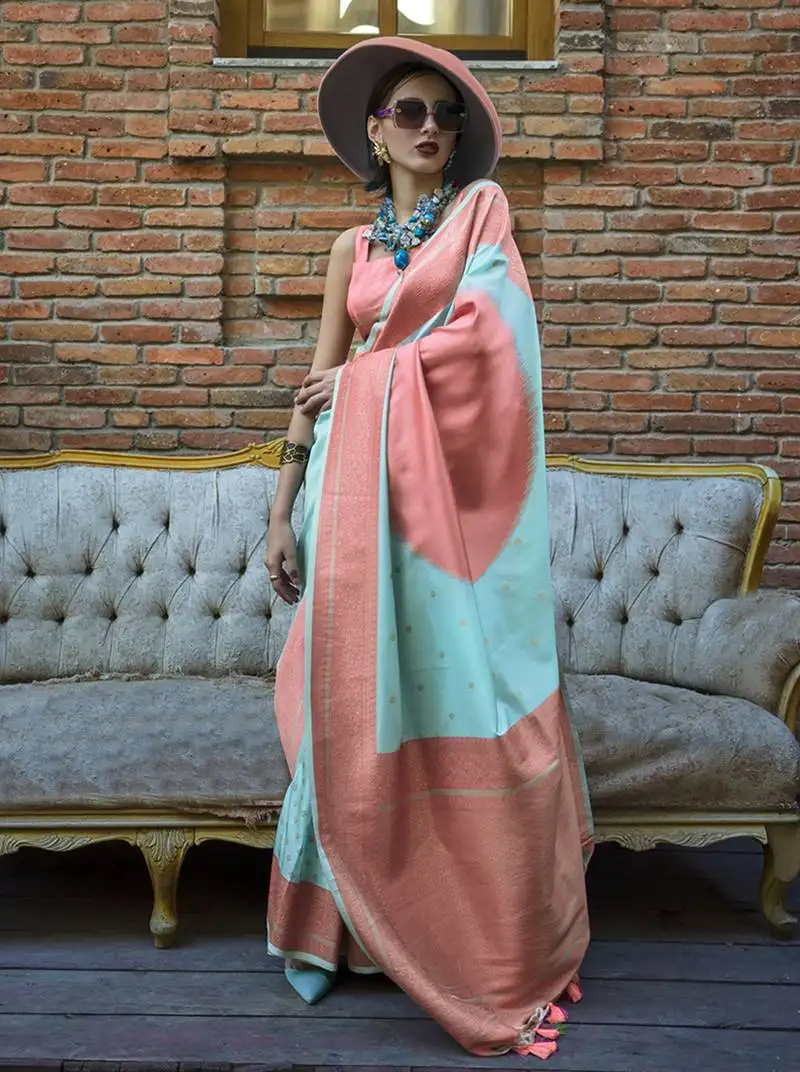 Aqua blue and peach handloom weaving silk contemporary saree