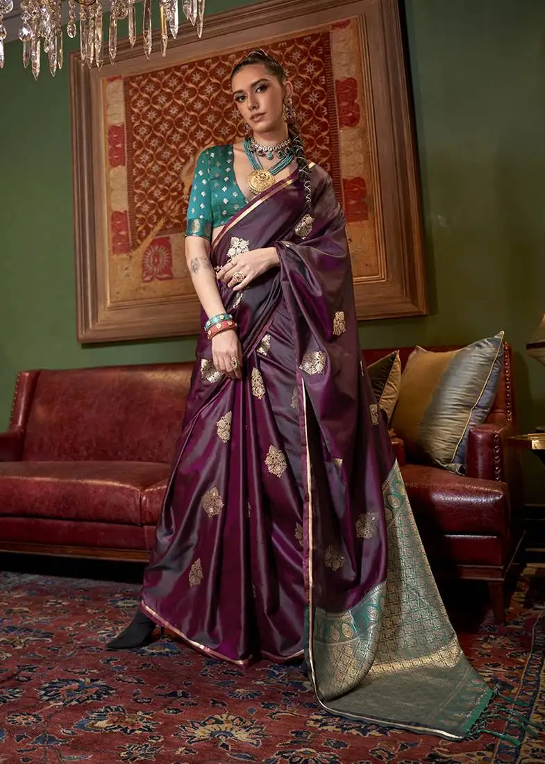 Wine weaving work satin designer saree