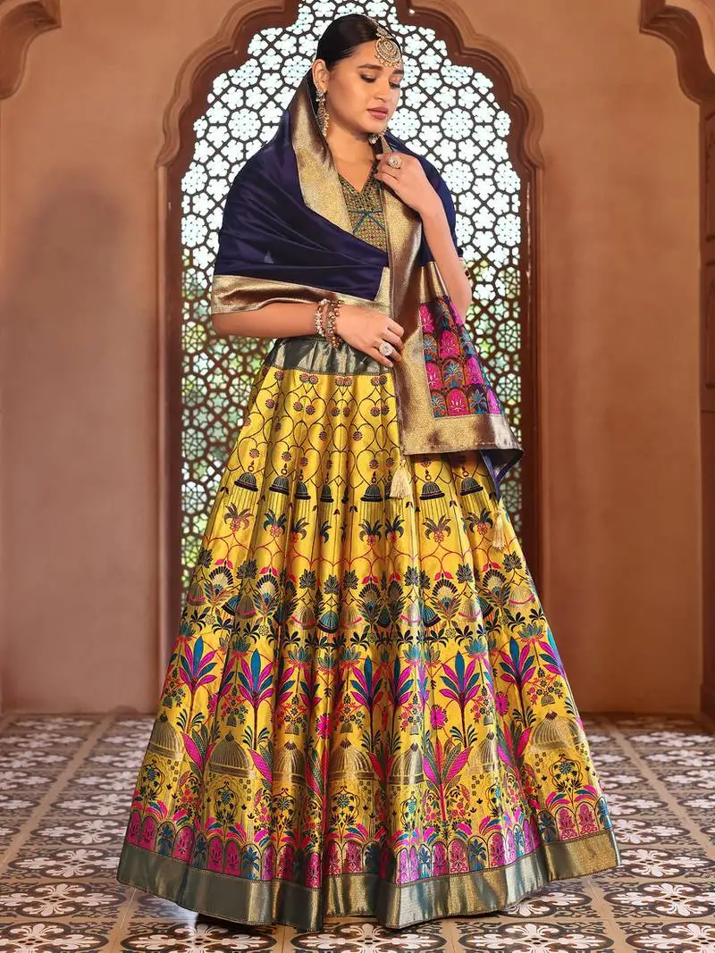 Yellow faux kanjivaram silk weaving lehenga choli