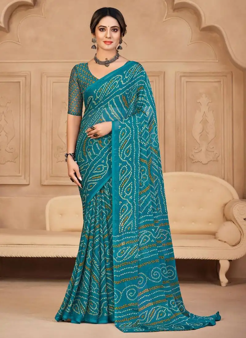 Turquoise digital printed soft chiffon indian traditional bandhani saree with blouse
