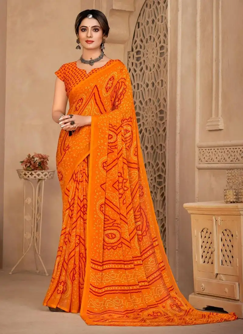 Saffron digital printed soft chiffon indian traditional bandhani saree with blouse