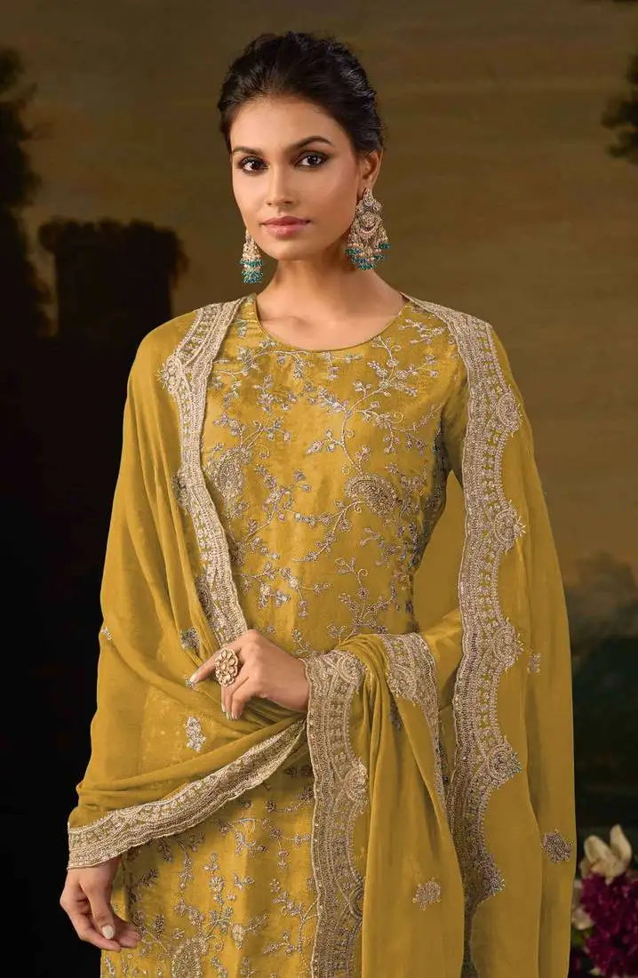 Yellow silk semi stitched wedding suits