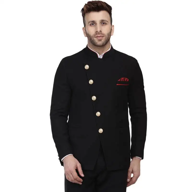 Black plain cotton poly bandhgala suit