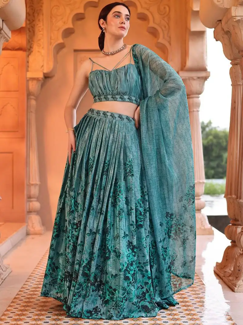 Aqua blue printed sequins work chinon lehenga choli for festival
