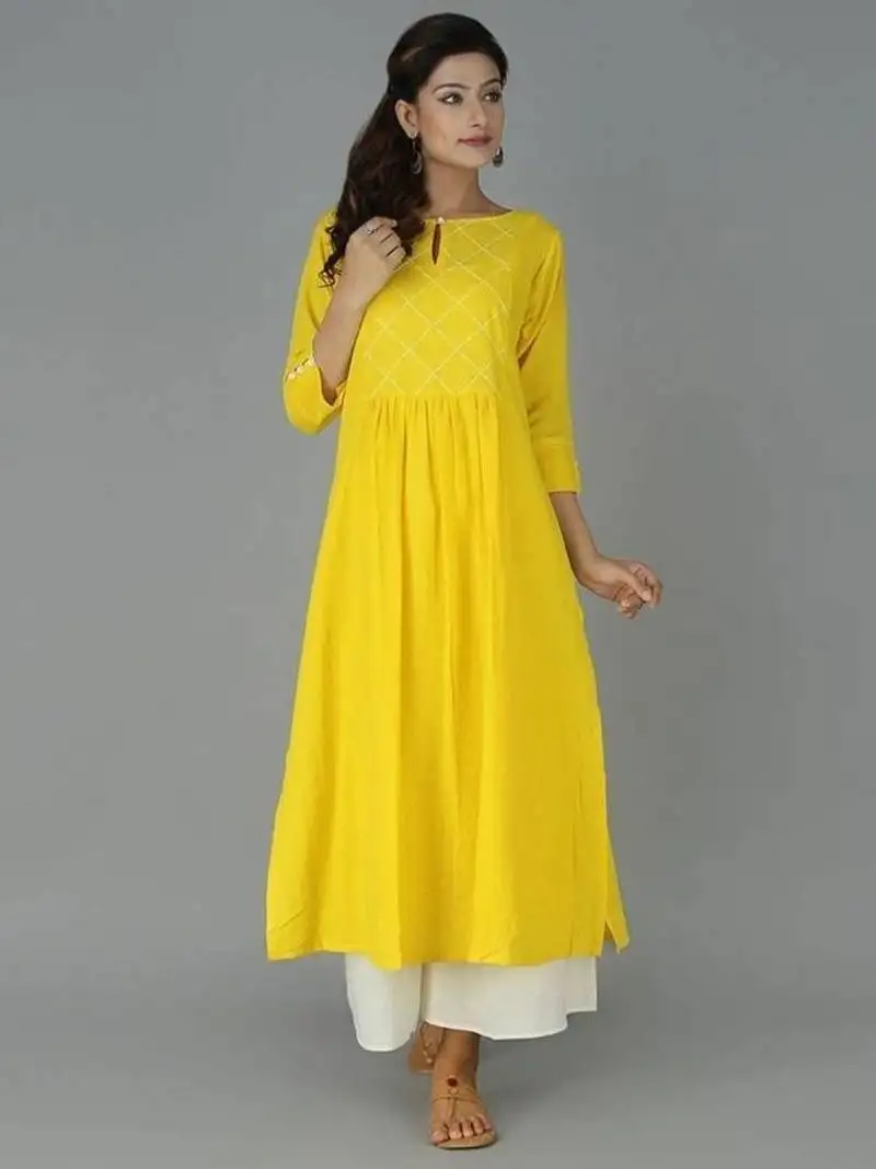 Yellow plain cotton long kurti with palazzo