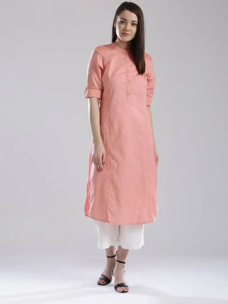 Peach plain cotton long kurti with palazzo