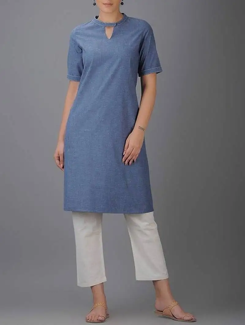 Blue plain cotton long kurti with palazzo