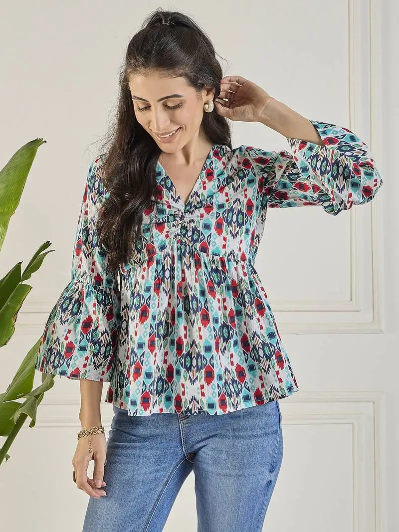 Winered women printed ruched v-neck top