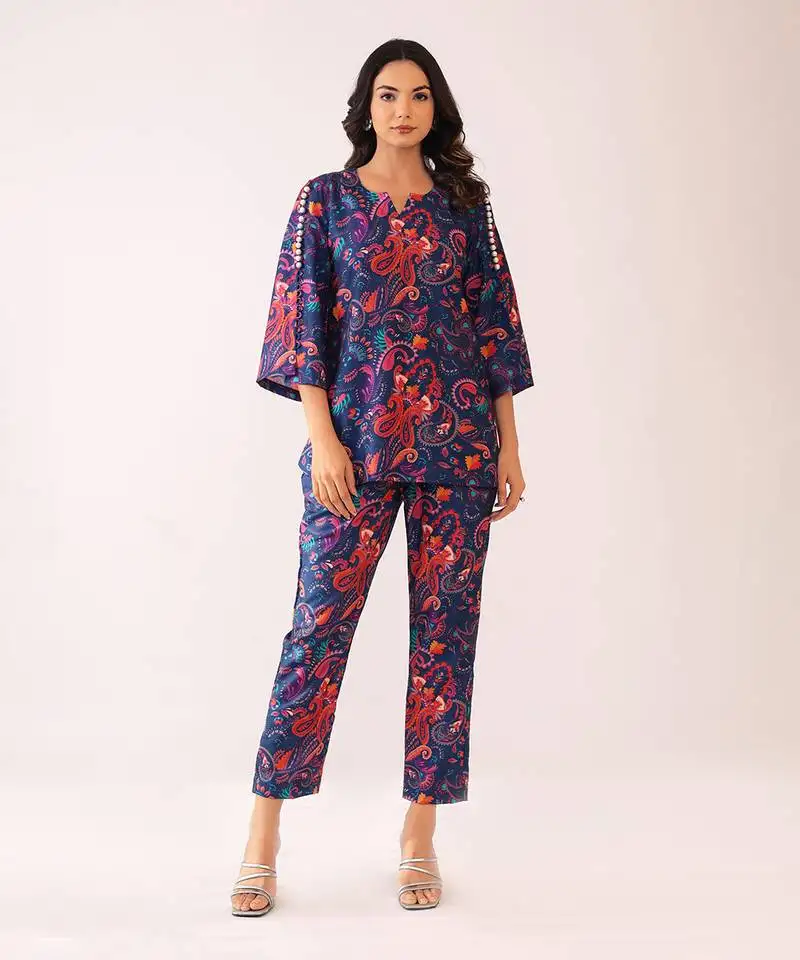 Blue and pink muslin floral co-ord set