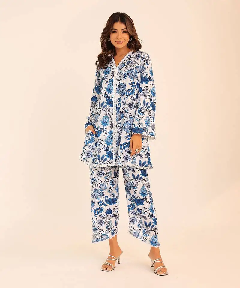 Blue and white muslin floral co-ord set