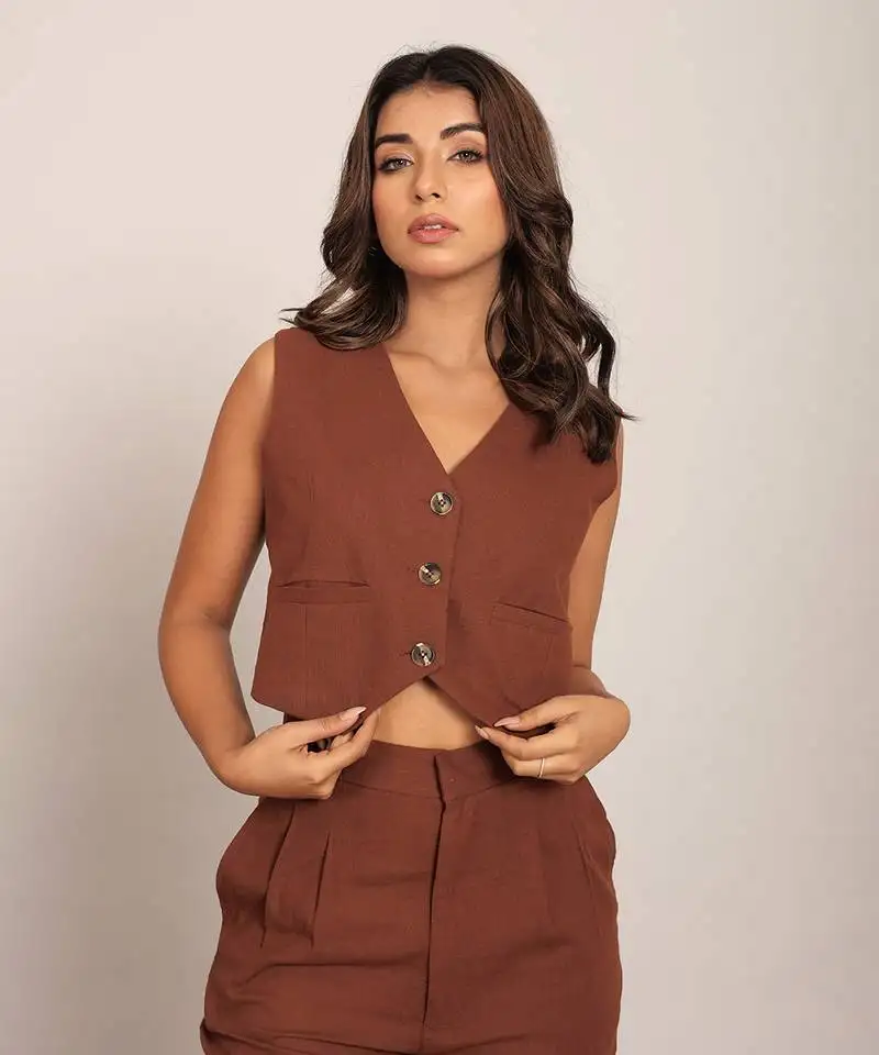 Brown cotton slub solid top