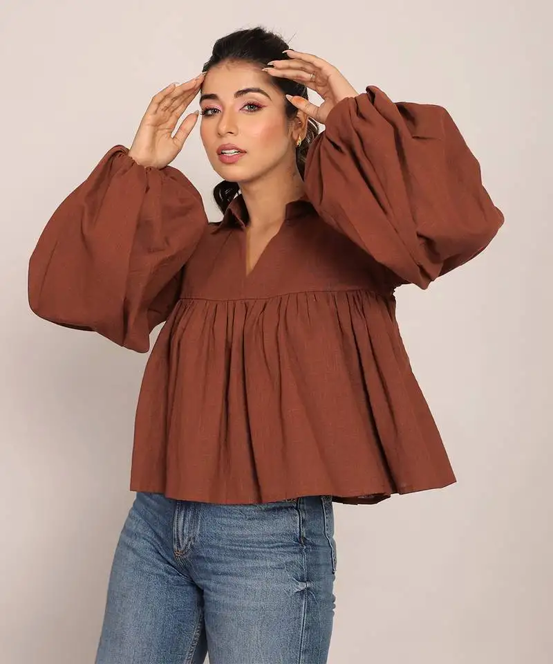 Brown slub cotton solid top